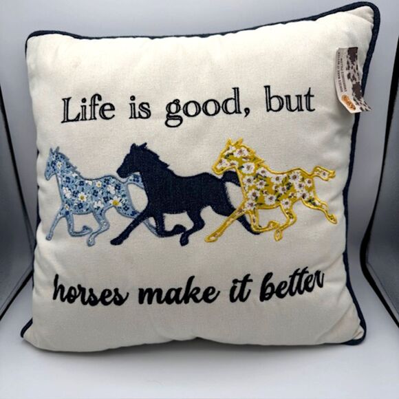 NWT Cracker Barrel Multicolor Embroidered Floral Denim Horses Square 16" Pillow - Picture 2 of 12